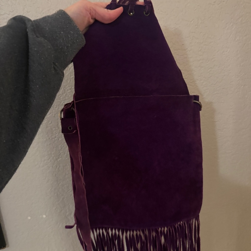 Vintage Purple Suede Leather Long Fringe Flap Shoulder Crossbody Bag - Picture 3 of 8